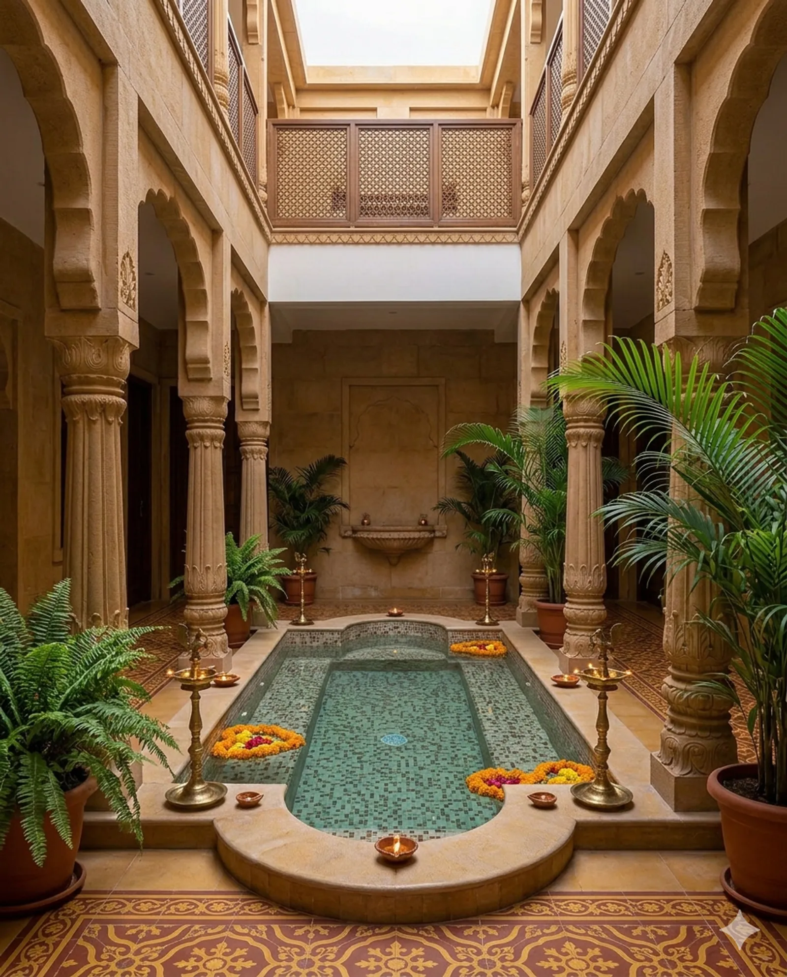 The shaded courtyard garden with stone columns and palms